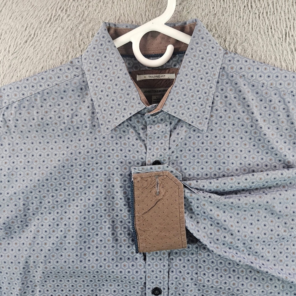 Johnston &‎ Murphy Mens Tailored Fit Blue Geometric Cotton Button Down Shirt L